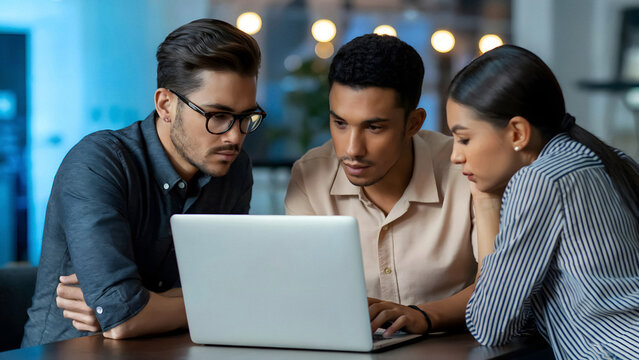 Collaborative team working on laptop project in modern office space brainstorming ideas together for success