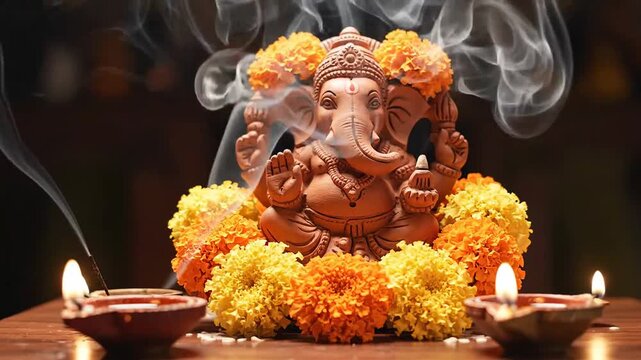 Terracotta Ganesha Statue Decorated with Marigold Flowers Diya Lamps Smoke