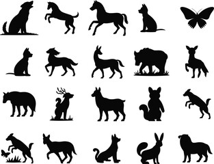 Vector collection of black animal silhouettes: running wild horse, dog, cat, deer, tiger, wolf, and bear icons for illustration and design