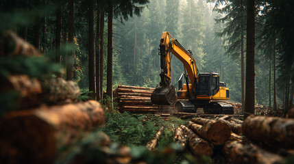 A large excavator move timber log at the forest, stacks of timber log at the forest, Ecological damage and deforestation concept