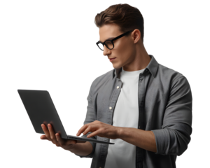 Young man with glasses using laptop isolated on transparent background, wearing a gray shirt and white tshirt, focused on the screen while typing
