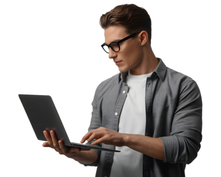 Young man with glasses using laptop isolated on transparent background, wearing a gray shirt and white tshirt, focused on the screen while typing