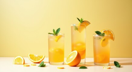 Three glasses of lemonade with slices of lemon and mint