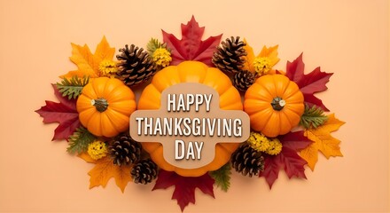 Happy thanksgiving day with pumpkins, leaves, and pine cones arrangement