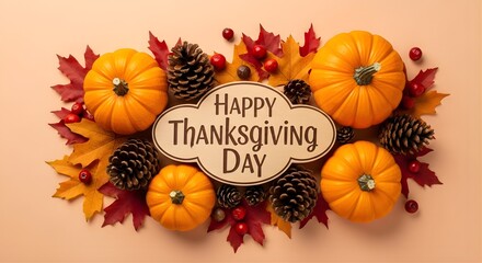 Happy thanksgiving day text with pumpkins leaves and pine cones arrangement