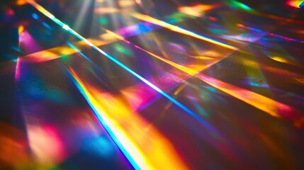 Quantum interference patterns visualization with prismatic light diffraction through transparent surfaces creating rainbow spectrum reflections and wave formations