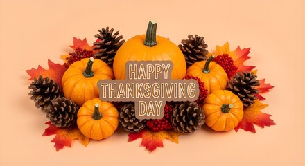 A thanksgiving arrangement with pumpkins, cones, and autumn leaves decor