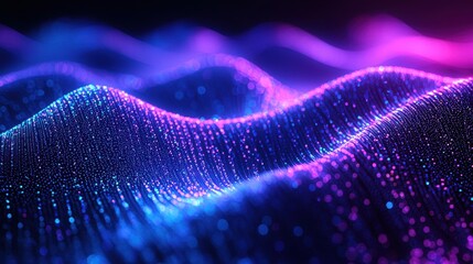 Quantum coherence waves abstract particle dynamics glowing energy fields deep blue purple hues digital visualization interference patterns luminescent technology