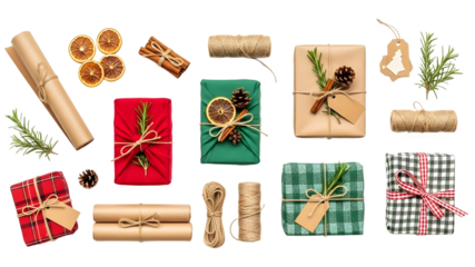 Festive christmas gifts wrapped with natural elements and twine bows on transparent background