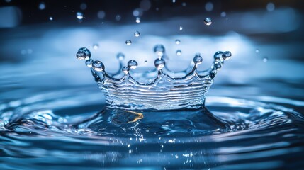 Water impact effect perfect liquid crown formation with multiple droplets frozen in motion creating symmetrical splash pattern on pristine blue water surface