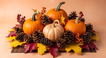 Pumpkins and pine cones autumnal arrangement on a wooden surface decoratively