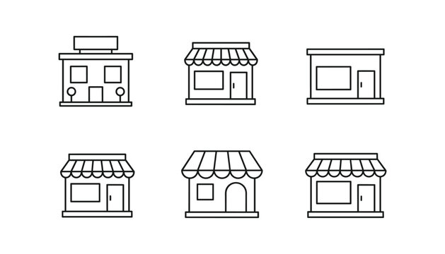 A versatile set of six small, simple commercial shop or storefront icons rendered in clean, minimal black outline vector art for retail locations.
