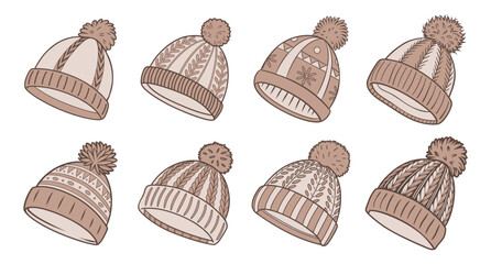 Collection of cozy winter hats with pom poms.