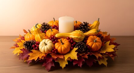 Autumn centerpiece with candle, pumpkins, gourds, leaves, and pine cones decor