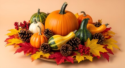 Autumnal arrangement featuring pumpkins gourds pine cones and colorful leaves