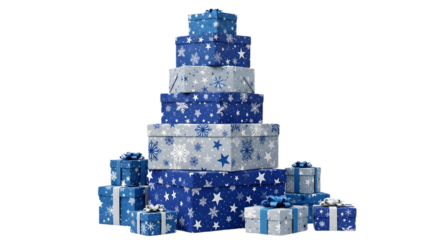 christmas gifts stack in blue and silver on a black background on transparent background