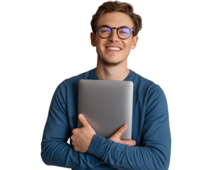 Cheerful young man in glasses holding a laptop and smiling isolated on transparent background, showcasing modern technology and positive attitude