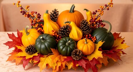 Autumnal display of pumpkins gourds pinecones and fall leaves centerpiece