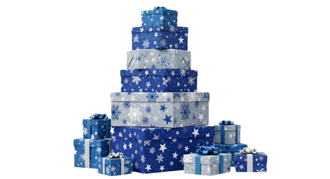 christmas gifts stack in blue and silver on a black background on transparent background