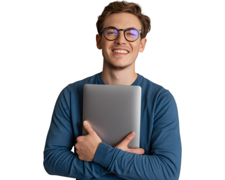 Cheerful young man in glasses holding a laptop and smiling isolated on transparent background, showcasing modern technology and positive attitude - Powered by Adobe