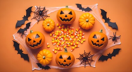 Halloween pumpkins, candy corn, bats, and spider webs on an orange surface