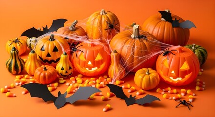 Assorted pumpkins with bats spiders and candy corn on an orange background