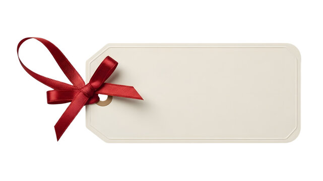 A blank cream tag with a red ribbon tied in a bow on the corner on transparent background