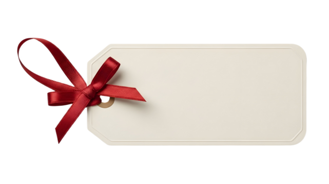 A blank cream tag with a red ribbon tied in a bow on the corner on transparent background