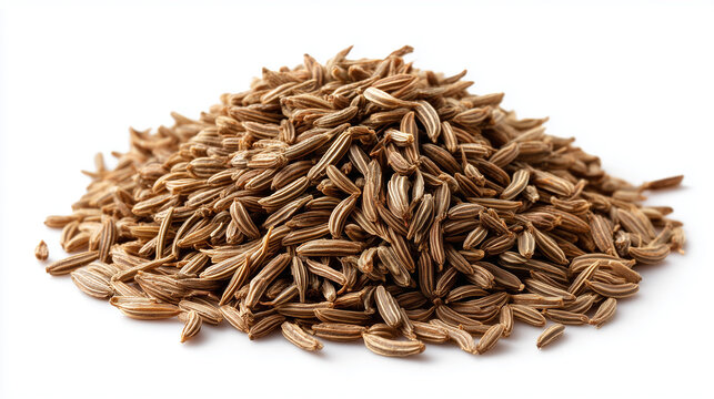 A generous mound of cumin seeds rests on a clean white surface, showcasing rich brown color and ridged texture. Ideal for culinary catalogs, recipes, spice styling, and food photography