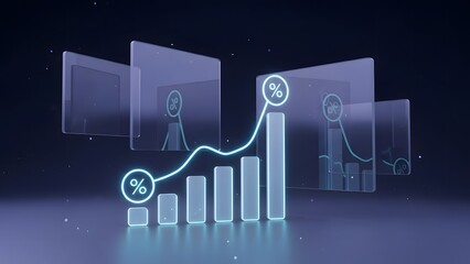 Glowing bar graph with percentage symbol and transparent screens background