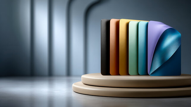 A collection of colorful folders arranged on a round wooden platform. A background of soft, blurred lines creates a contemporary aesthetic.