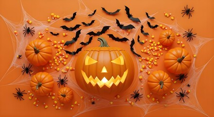 Halloween arrangement with pumpkins, bats, spiderwebs and candy on orange