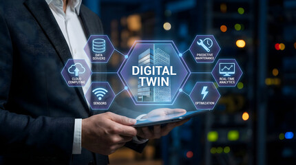 Obraz premium Embrace digital transformation with a cutting-edge digital twin solution that optimizes performance, maintenance, and real-time analytics for modern data-driven enterprises today