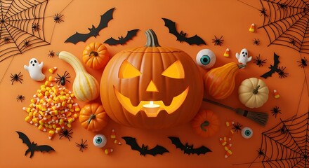 Halloween flat lay with jack o lantern pumpkins and spooky decorations on orange