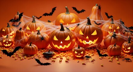 Halloween scene with pumpkins, bats, spiders and candy corn on orange background