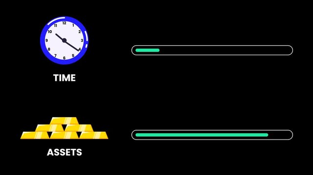 Time decrease and assets increase, animated progress bar representing wealth and productivity growth on a transparent background
