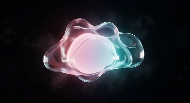 Bioluminescent organic blob with glowing core and smoky tendrils on black abstract shape - Powered by Adobe