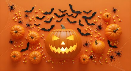 Halloween themed flat lay with pumpkins bats spiders and candy corn on orange