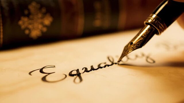 close-up of a fountain pen with a gold nib writing the word "equality" in cursive script on textured paper.