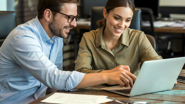 Enthusiastic young professionals collaborate on laptop in modern office space sharing ideas and growing business together