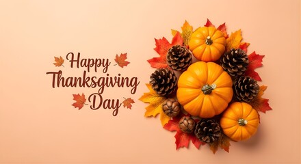 Happy thanksgiving day with pumpkins and pine cones on a peach background