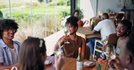 Friends, toast wine glass and happy at restaurant with celebration, excited and reunion at social gathering. Group, people and smile with drinks, alcohol and party for success with milestone at diner