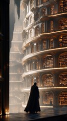 A lone figure stands in a vast, ornate library with towering shelves filled with books. The scene is illuminated by soft, warm light.