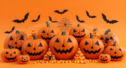 Group of jack o lanterns with bats and candy corn on an orange background