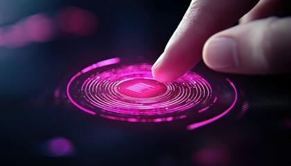Close-up of a finger pressing a glowing digital button with a futuristic design. The button emits a pink light against a dark background.