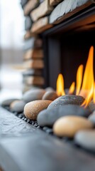 Close-up of a fireplace with burning flames, surrounded by rocks and a stone facade, creating a warm and inviting indoor atmosphere.