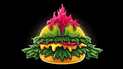 Illustration of a burger with flames on top, set against a black background.