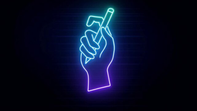 Glowing neon outline of a hand holding a pen symbolizing creativity knowledge and self expression futuristic icon for writing ideas digital communication inspiration modern design