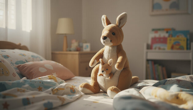 Kangaroo plush toy with joey sitting on a cozy bed in a sunlit bedroom