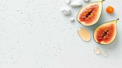Top-down view of halved figs, physalis, and droplets on a textured white surface. The composition is clean and minimalist.